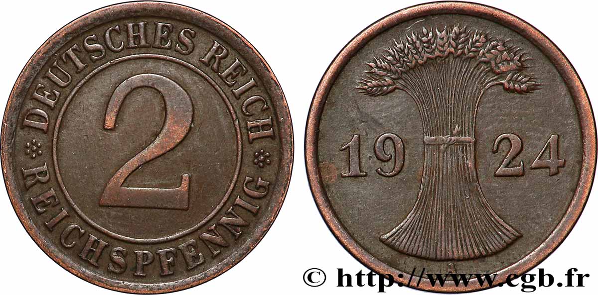GERMANIA 2 Reichspfennig 1924 Berlin BB autre
