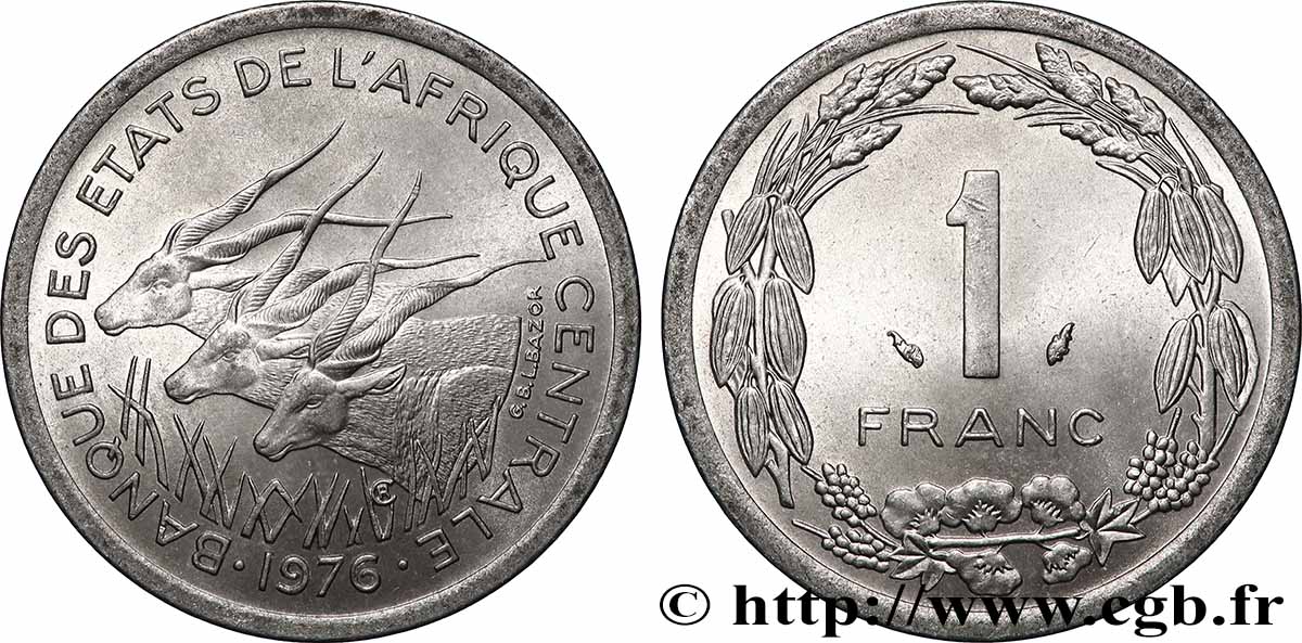 STATI DI L&nbsp; AFRICA CENTRALE 1 Franc antilopes 1976 Paris SPL 