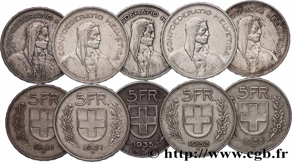 ARGENT D&nbsp;INVESTISSEMENT Lot de 10 x 5 Francs Berger des alpes n.d. Berne TTB 