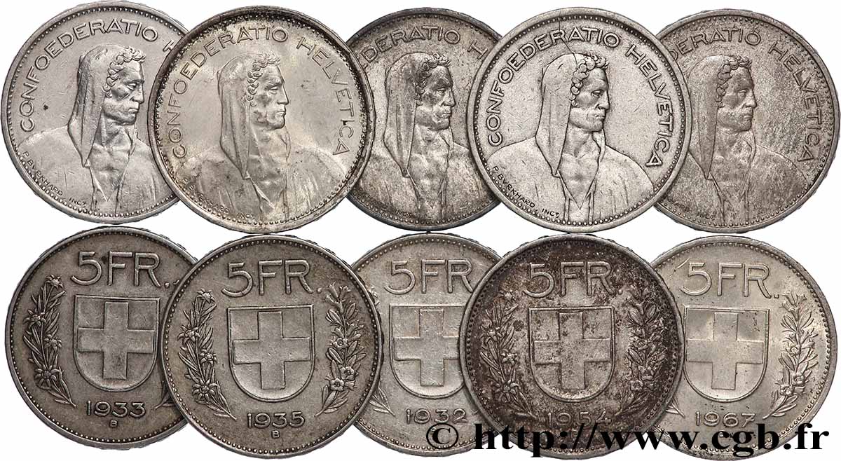 ARGENT D&nbsp;INVESTISSEMENT Lot de 10 x 5 Francs Berger des alpes n.d. Berne TTB 