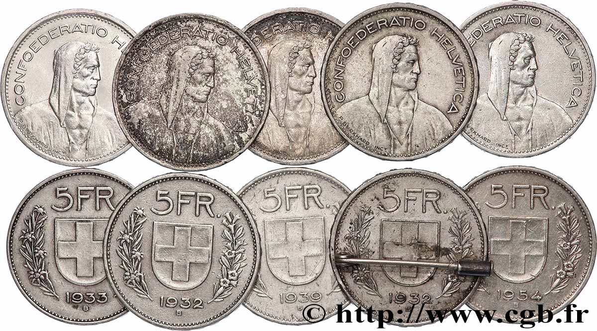 ARGENT D&nbsp;INVESTISSEMENT Lot de 10 x 5 Francs Berger des alpes n.d. Berne TTB 