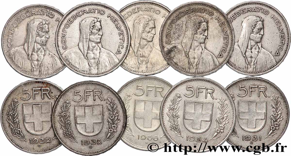 ARGENT D&nbsp;INVESTISSEMENT Lot de 10 x 5 Francs Berger des alpes n.d. Berne TTB 