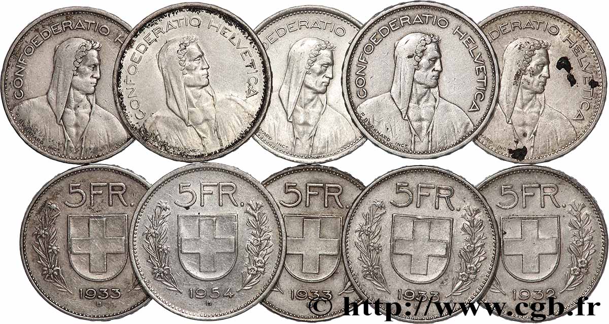 ARGENT D&nbsp;INVESTISSEMENT Lot de 10 x 5 Francs Berger des alpes n.d. Berne TTB 