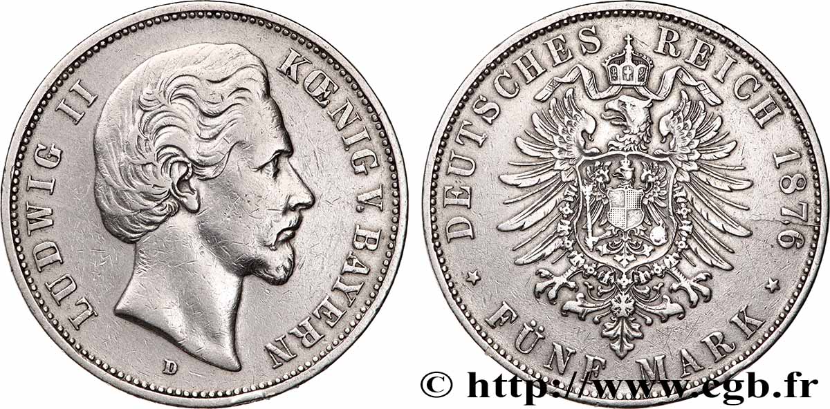ALLEMAGNE - ROYAUME DE BAVIÈRE - LOUIS II 5 Mark  1876 Munich TTB 