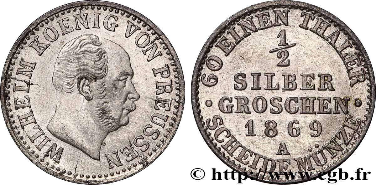 GERMANIA - PRUSSIA 1/2 Silbergroschen Guillaume 1869 Berlin SPL 