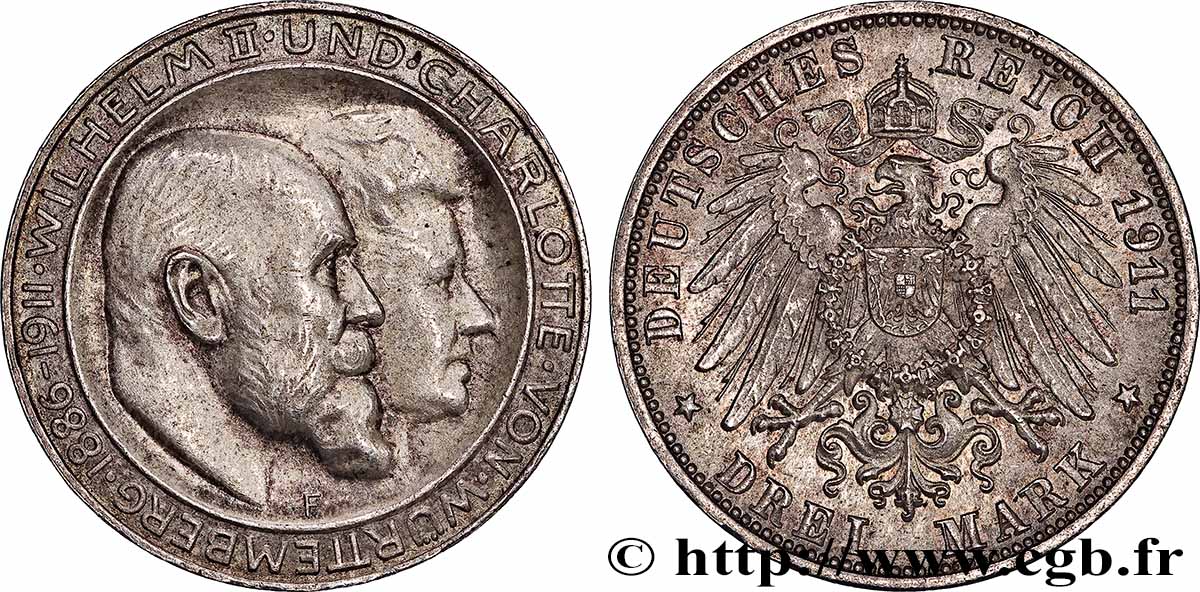 ALLEMAGNE - WURTEMBERG 3 Mark Guillaume II et Charlotte 1911 Stuttgart SUP 