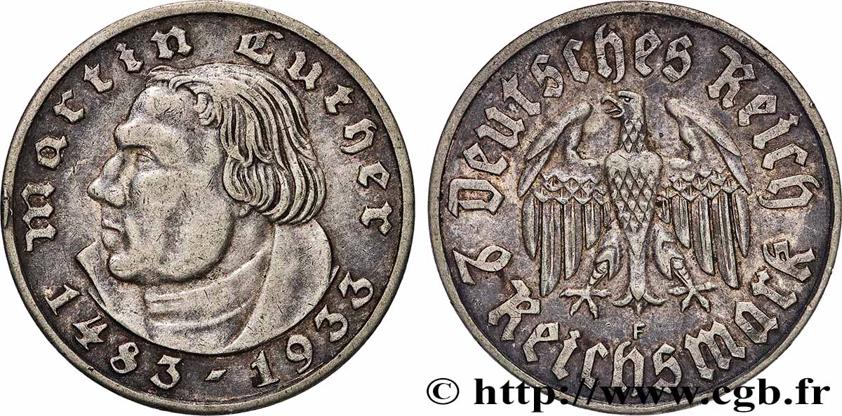 DEUTSCHLAND 2 Reichsmark Martin Luther 1933 Stuttgart fVZ 