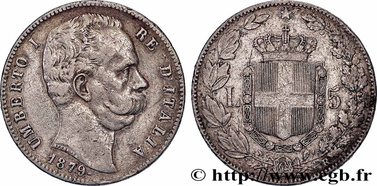 ITALIE - ROYAUME D&nbsp;ITALIE - HUMBERT Ier 5 Lire  1879 Rome TB+ 