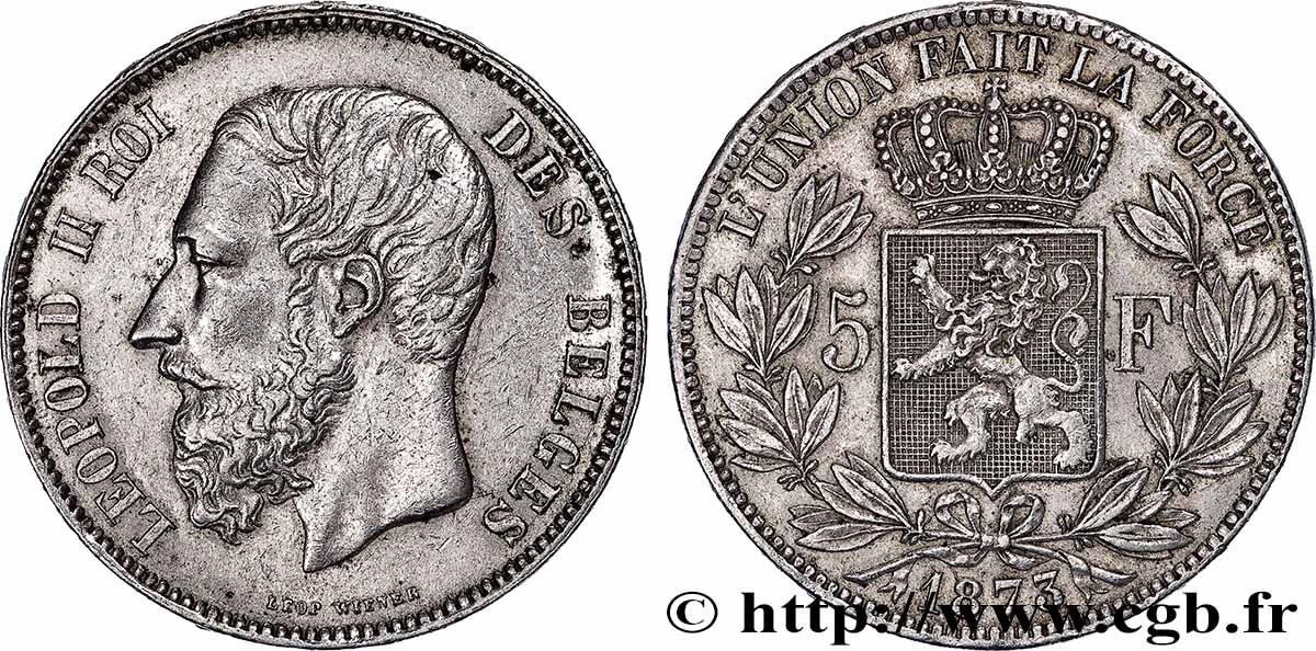 BELGIQUE - ROYAUME DE BELGIQUE - LÉOPOLD II 5 Francs  1873  fVZ 