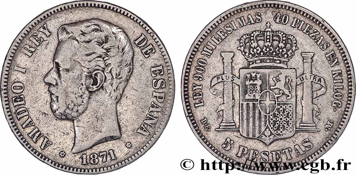SPAIN - KINGDOM OF SPAIN - AMEDEE I 5 Pesetas  1871 Madrid VF 
