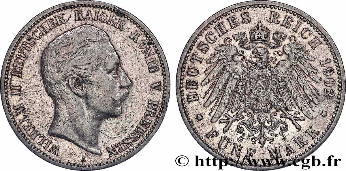 ALLEMAGNE - ROYAUME DE PRUSSE - GUILLAUME II 5 Mark  1902 Berlin TTB 