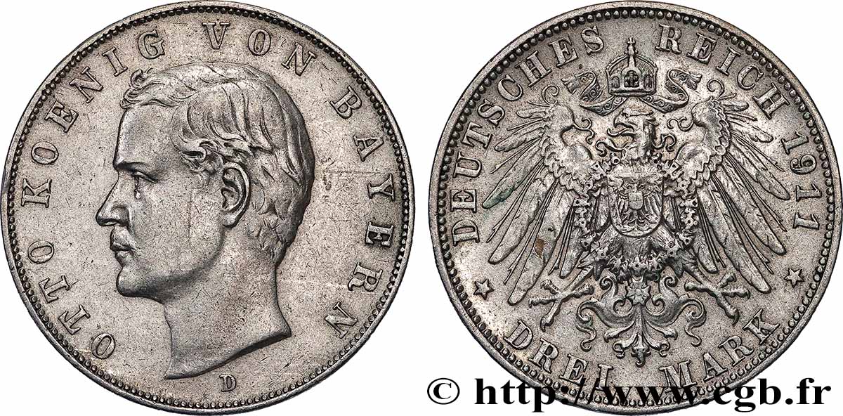 ALLEMAGNE - BAVIÈRE 3 Mark Othon Ier 1911 Munich  TTB+ 