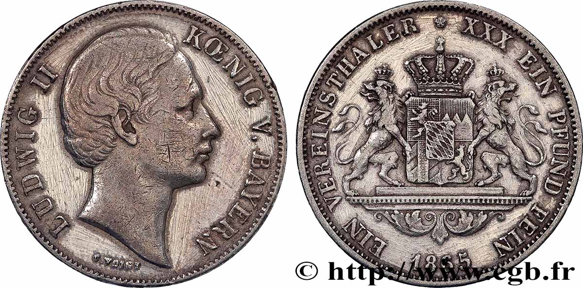 ALLEMAGNE - BAVIÈRE 1 Thaler Louis II 1865 Munich TTB 
