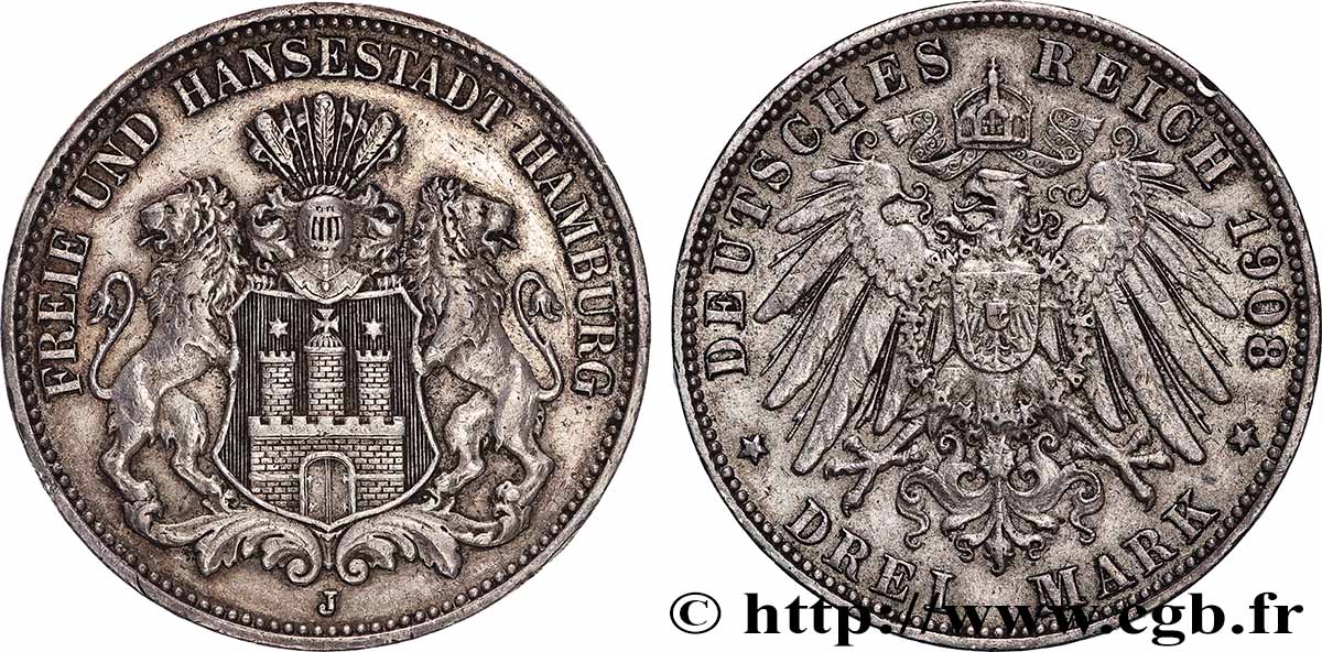 ALLEMAGNE - VILLE LIBRE DE HAMBOURG 3 Mark 1908 Hambourg TTB+ 