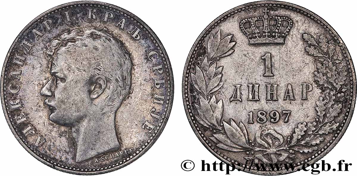 SERBIE 1 Dinar Alexandre Ier 1897 Paris TTB 