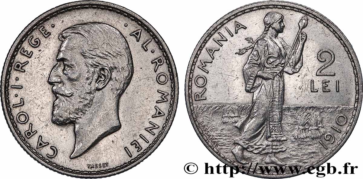 ROMANIA 2 Lei Charles Ier 1910  XF 