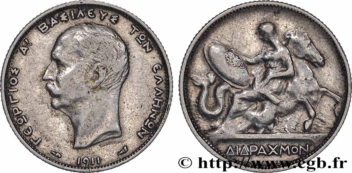 GREECE 2 Drachmes Georges Ier 1911 Paris XF 