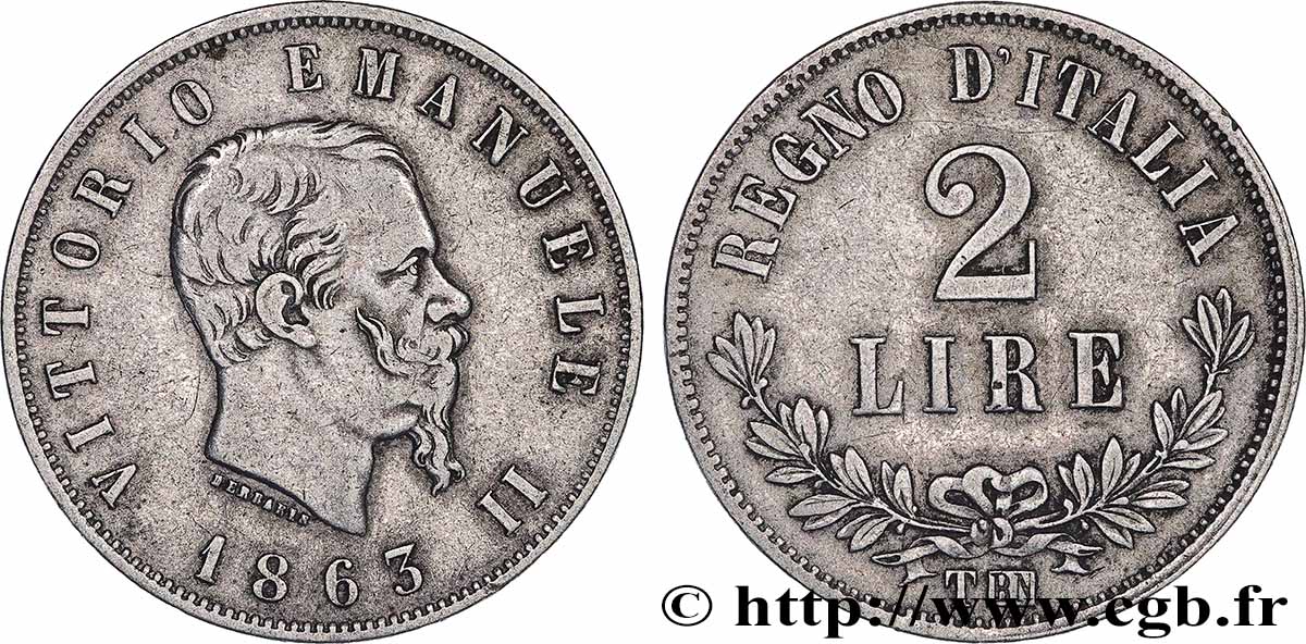 ITALIE 2 Lire Victor Emmanuel II 1863 Turin TTB 