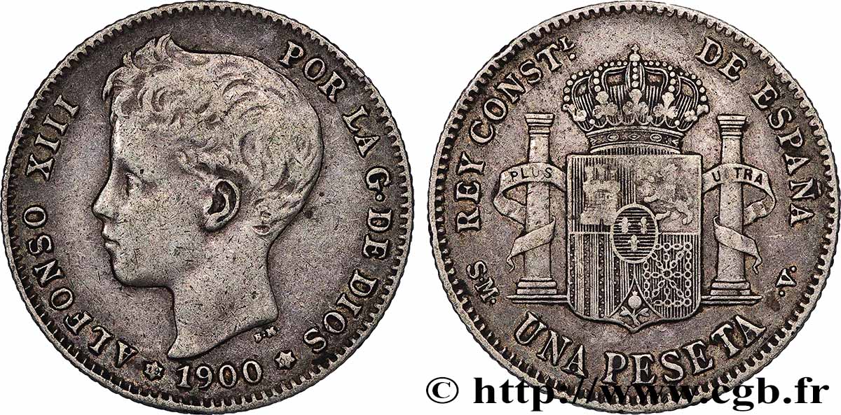 SPAGNA 1 Peseta Alphonse XIII 3e type 1900 Madrid BB 