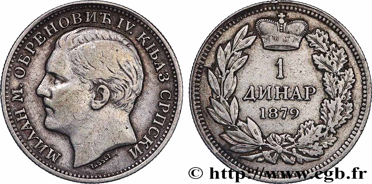 SERBIE 1 Dinar Milan Obrenovich IV 1879 Paris TB+ 