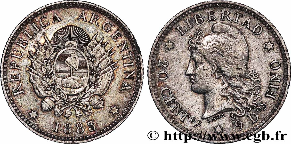 ARGENTINA 20 Centavos 1883  XF 