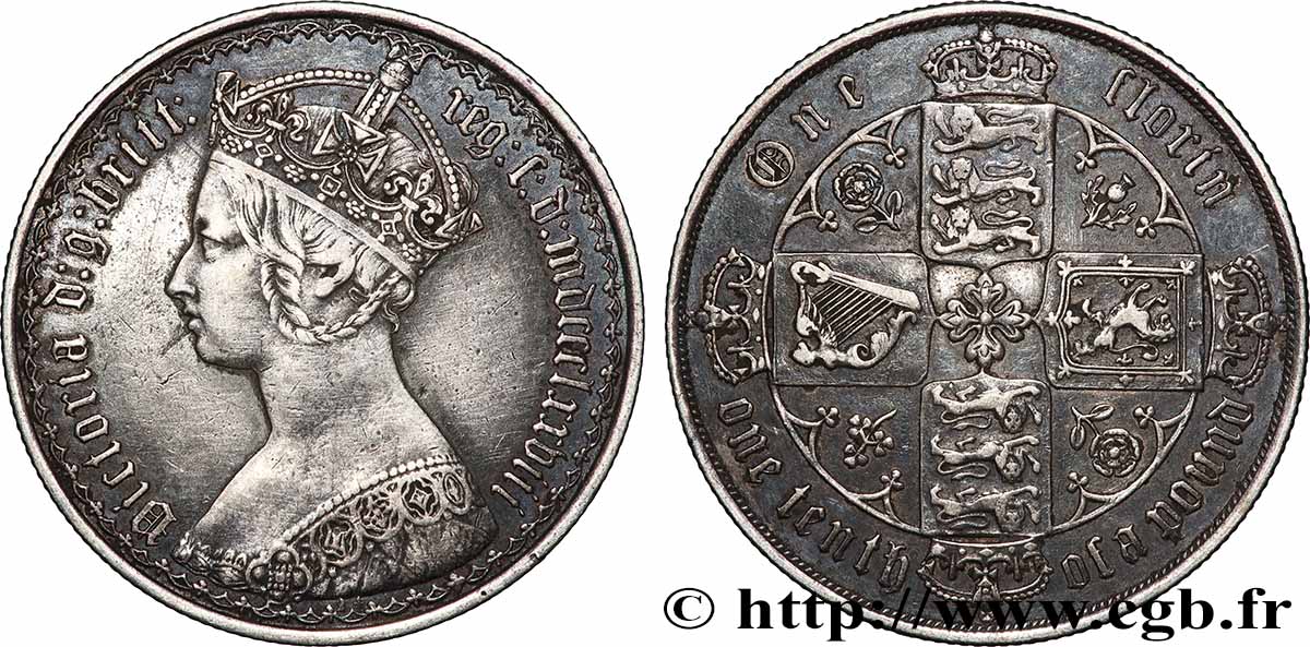 ROYAUME-UNI 1 Florin Victoria couronnée style gothique 1878 Londres TTB 