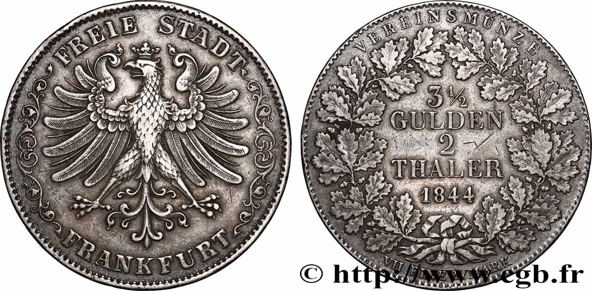 ALLEMAGNE - VILLE LIBRE DE FRANCFORT 2 Thaler (3 1/2 Gulden) 1844 Francfort SUP 