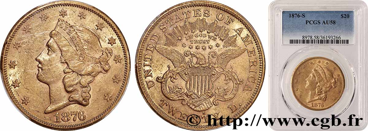 GOLD-, PALLADIUM- UND PLATIN-INVESTITIONEN 20 Dollars &nbsp;Liberty&nbsp; 1876 San Francisco VZ58 PCGS