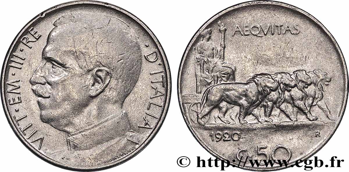ITALIE - ROYAUME D&nbsp;ITALIE - VICTOR-EMMANUEL III 50 Centesimi 1920 Rome TB+ 