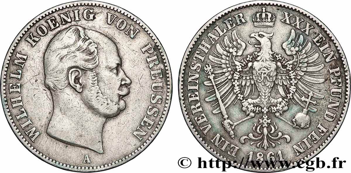 ALLEMAGNE - ROYAUME DE PRUSSE - GUILLAUME Ier 1 Thaler  1861 Berlin TTB 