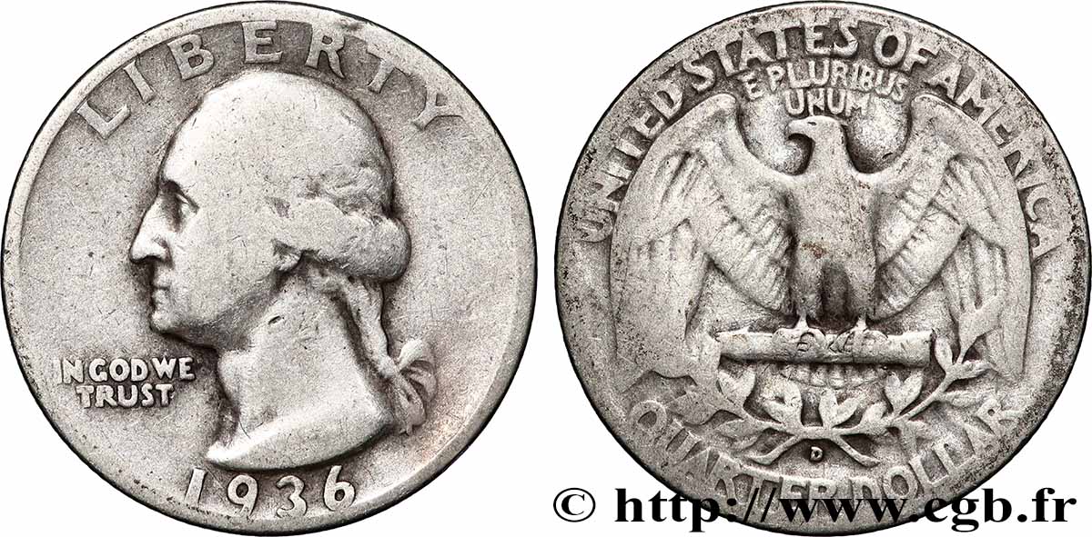 UNITED STATES OF AMERICA 1/4 Dollar Georges Washington 1936 Denver VF 