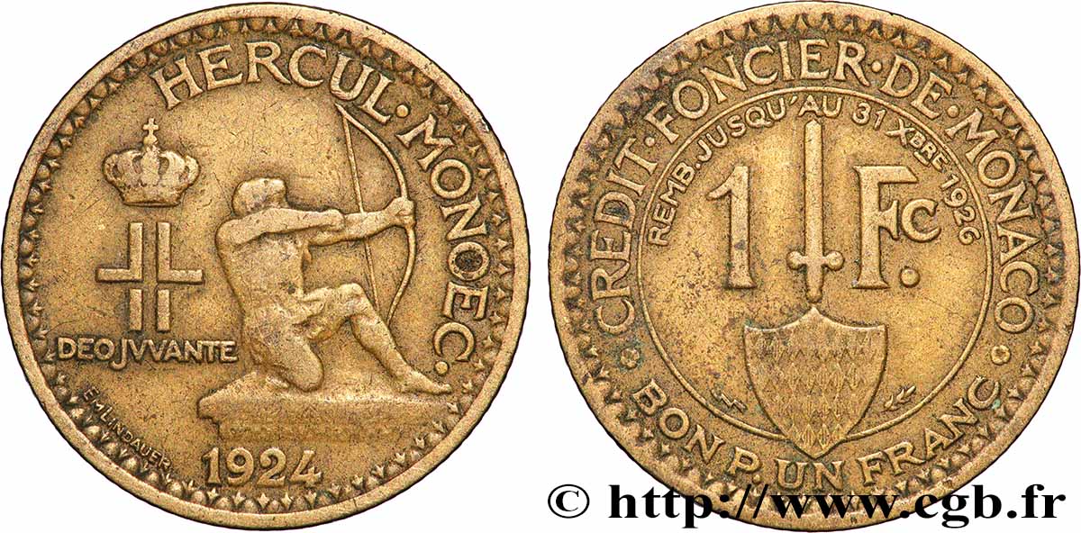 MONACO 1 Franc émission du Crédit Foncier de Monaco 1924 Poissy XF 