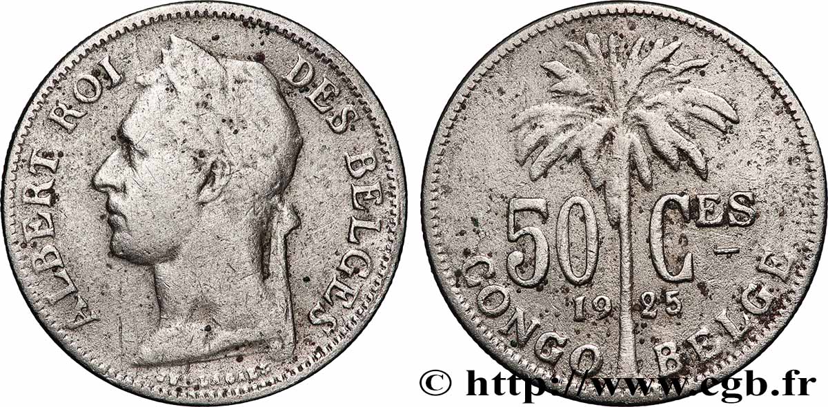 CONGO BELGE 50 Centimes Albert  légende française 1925 Bruxelles TB 