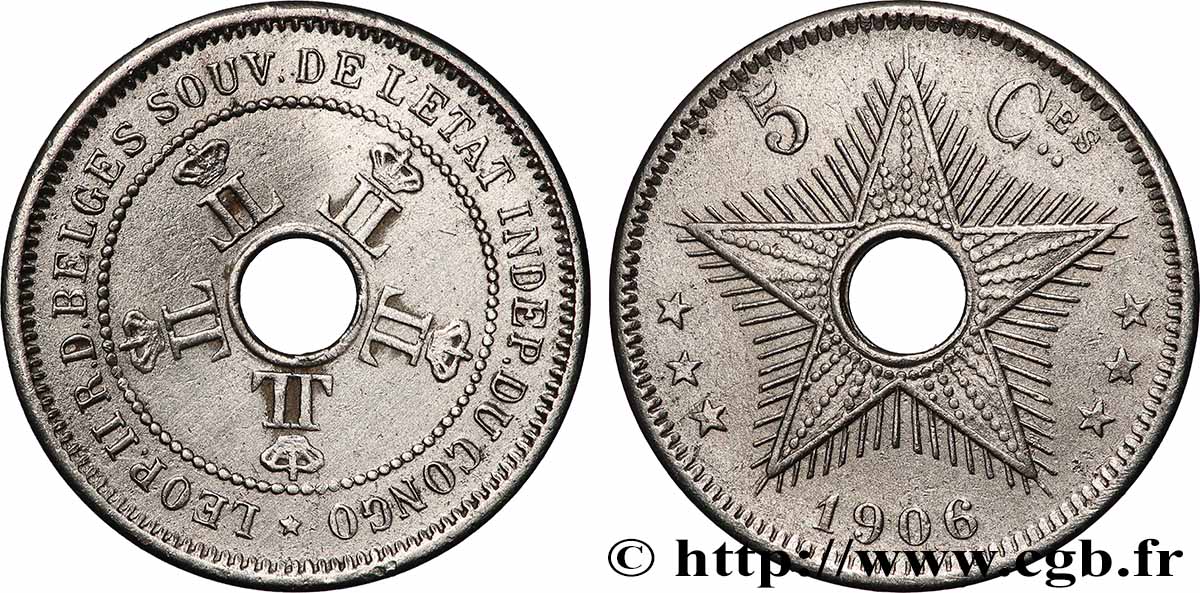 CONGO BELGA 5 Centimes Léopold II 1906 Heaton BB 