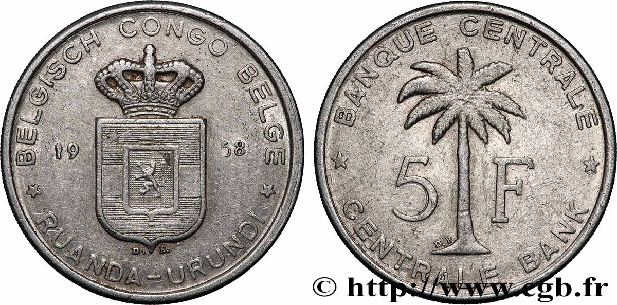 CONGO BELGA 5 Francs Banque Centrale Congo Belge-Ruanda-Urundi 1958 Bruxelles q.BB 