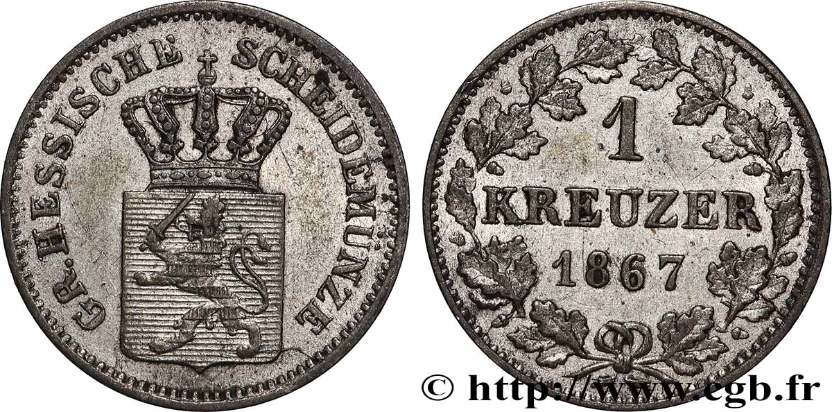ALLEMAGNE - HESSE 1 Kreuzer Hesse-Darmstadt 1867  TTB+ 