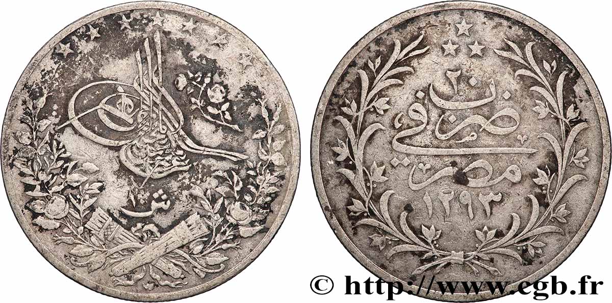 ÄGYPTEN 10 Qirsh Abdul Hamid II an 20 AH 1293 1894 Misr fSS 