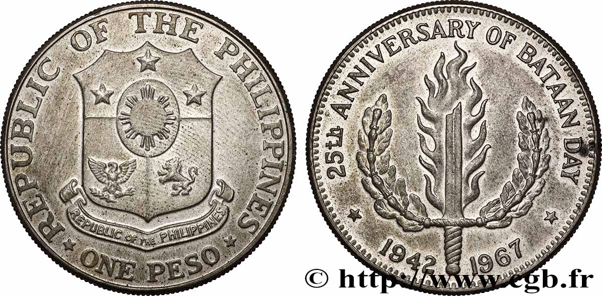 PHILIPPINES 1 Peso 25e anniversaire du jour de Bataan 1967 San Francisco AU 