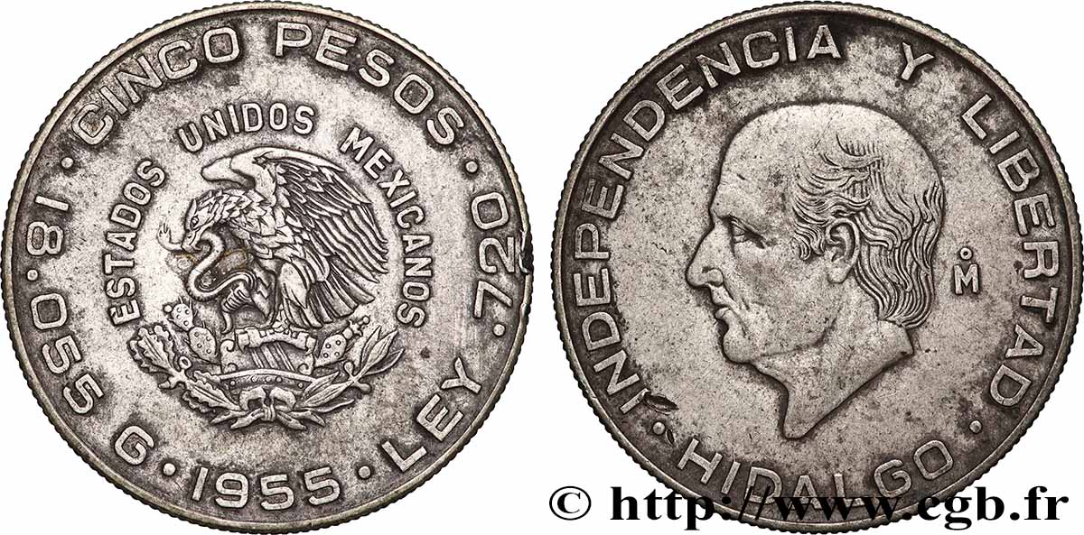 MEXIQUE 5 Pesos Miguel Hidalgo y Costilla 1955 Mexico TTB+ 
