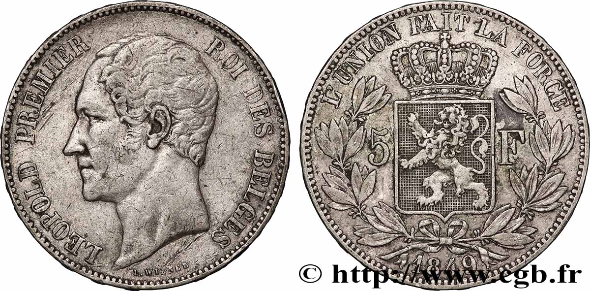 BELGIQUE - ROYAUME DE BELGIQUE - LÉOPOLD Ier 5 Francs tête nue 1849  TTB 