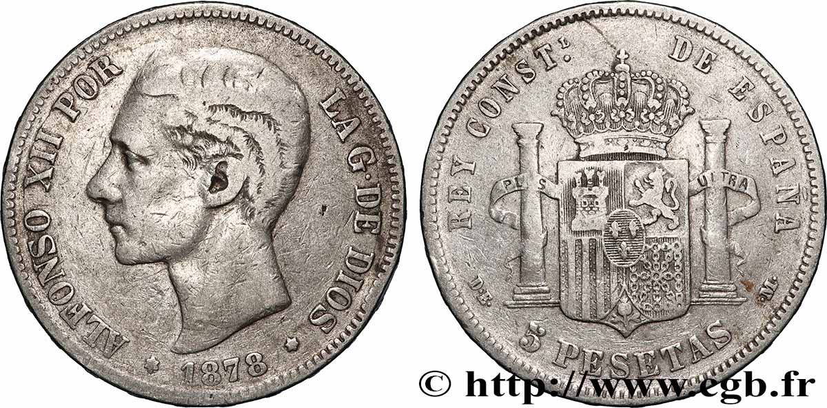ESPAGNE 5 Pesetas Alphonse XII 1878 Madrid TTB 