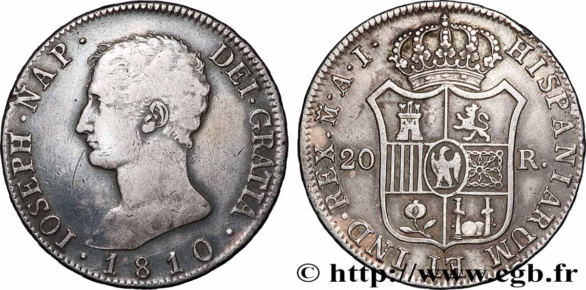 ESPAGNE - ROYAUME D&nbsp;ESPAGNE - JOSEPH NAPOLÉON 20 Reales ou 5 Pesetas 1810 Madrid TTB 