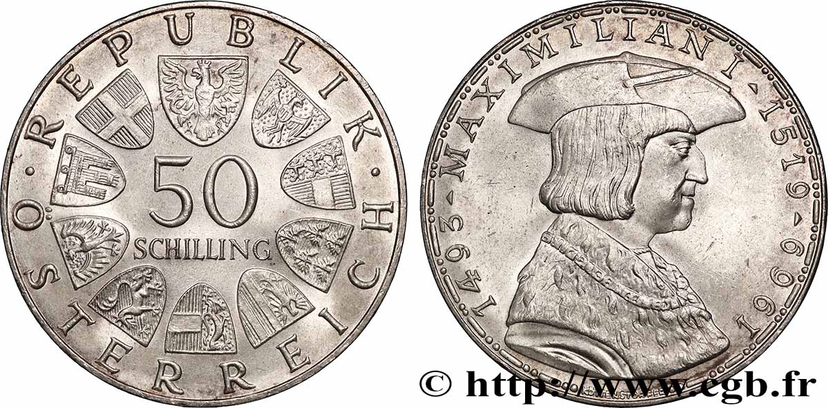 AUTRICHE 50 Schilling 450e anniversaire de la mort de Maximilien Ier 1969  SPL 