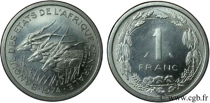 ESTADOS DE ÁFRICA CENTRAL
 Essai de 1 Franc antilopes 1974 Paris SC 
