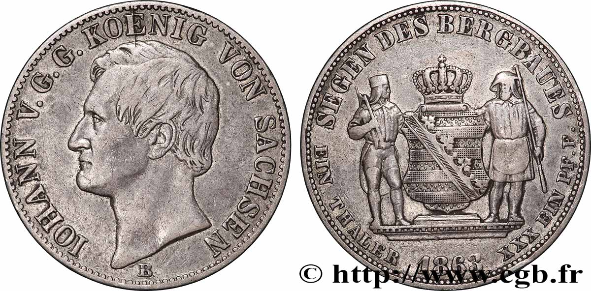 ALLEMAGNE - ROYAUME DE SAXE - JEAN Thaler des mines, 1er type 1863 Dresde TTB 