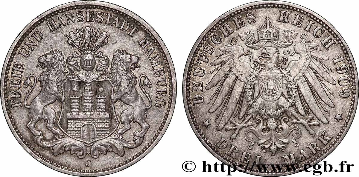 ALLEMAGNE - VILLE LIBRE DE HAMBOURG 3 Mark 1909 Hambourg TTB 