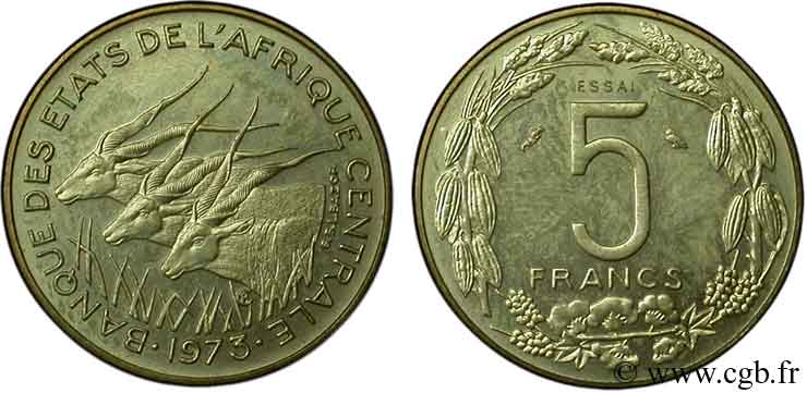 STATI DI L  AFRICA CENTRALE Essai de 5 Francs antilopes 1973 Paris MS 