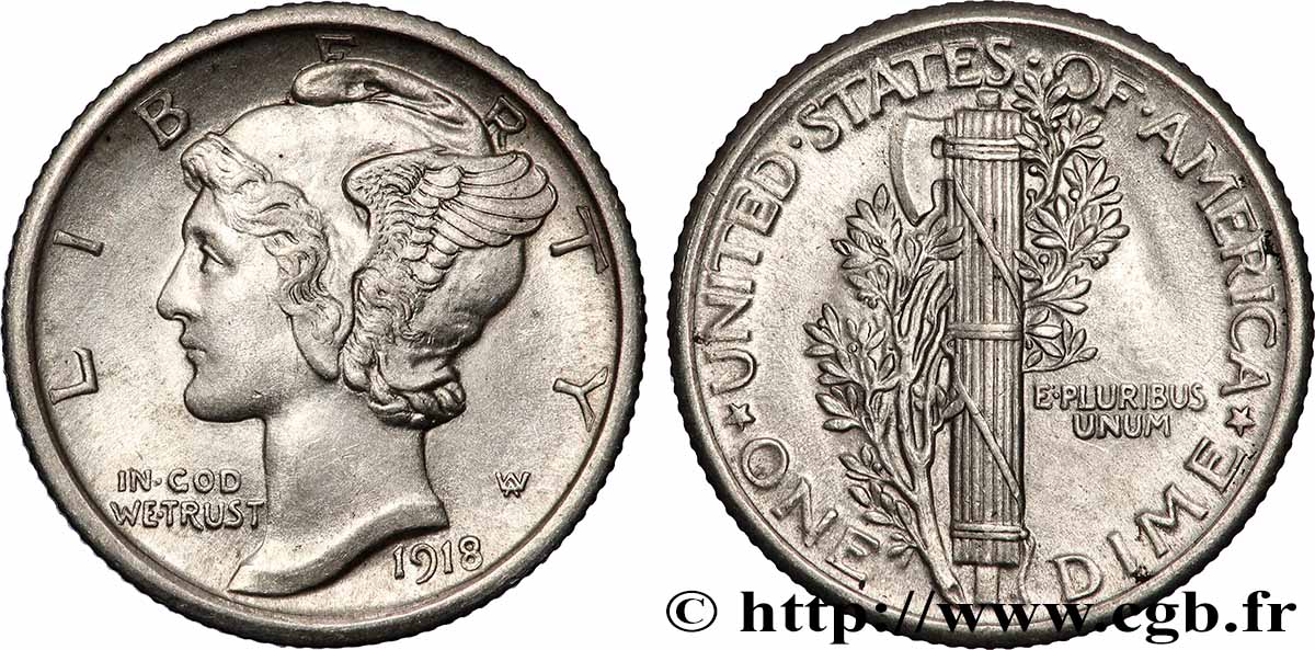 UNITED STATES OF AMERICA 1 Dime Mercury 1918 Philadelphie MS 
