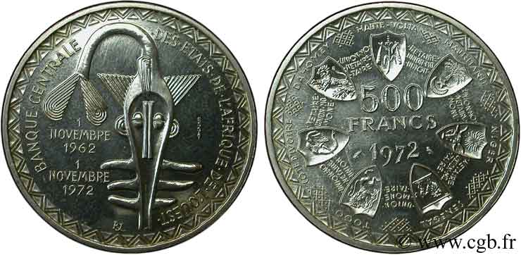 WESTAFRIKANISCHE LÄNDER Essai 500 Francs masque / emblème des pays de l’Union Monétaire 1972 Paris VZ 