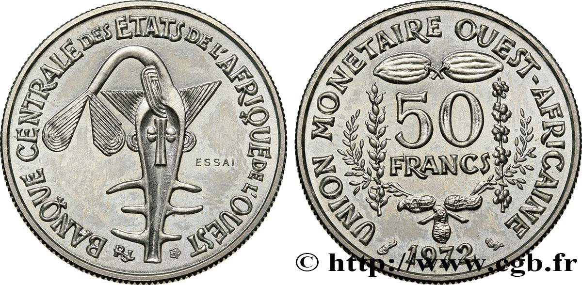 ÉTATS DE L AFRIQUE DE L OUEST (BCEAO) Essai 50 Francs masque 1972  SPL 